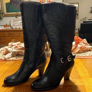 Black leather wide calf boots
